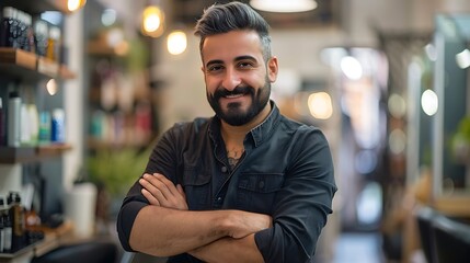 Obraz premium Portrait of a Hairstylist in a Blurred Salon Chair Background, Portrait Shot, Hairstylist, Salon Chair Background