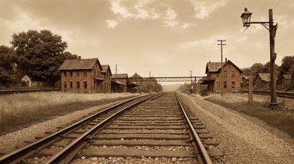 Fototapeta premium Generative AI, Empty railroad tracks stretching past rustic buildings in a quiet rural area. The sepia tone adds a nostalgic feel to the peaceful scene.