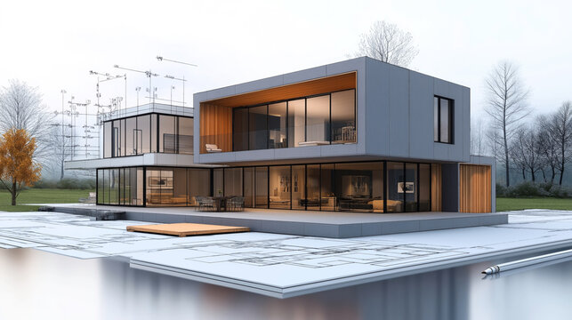Modern architectural visualization of a two-story house with large glass windows and a wooden accent. The image includes digital architectural plans overlaying the surroundings.