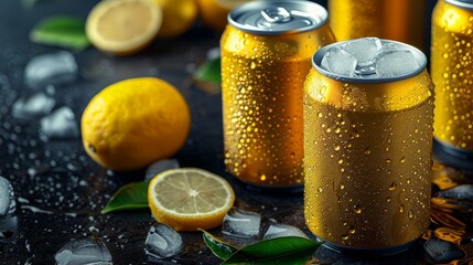 Refreshing aluminum cans featuring ice and lemon splash for eye catching advertising layouts