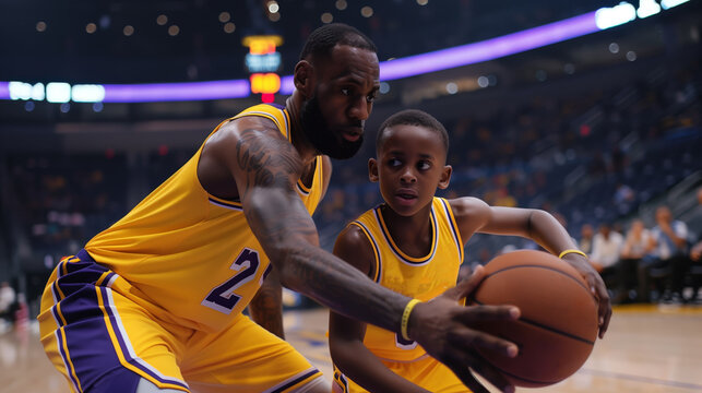 American african man and his son playing basketball together for in the empty lakers arena.