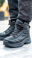 A young man walks confidently in black leather boots on a concrete surface, with an outdoor street emerging softly in the background, showcasing a casual urban moment