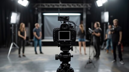 A professional camera captures a group of models and crew members preparing for a photoshoot in a well-lit studio space - Powered by Adobe