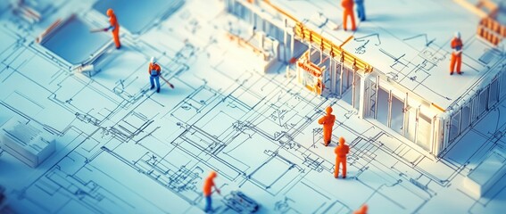 Miniature Building Model on Blueprint: Construction Concept