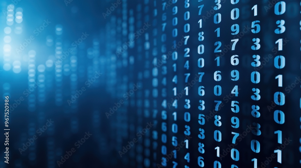 Poster the visual showcases a stream of vibrant binary numbers cascading against a deep blue backdrop, symb