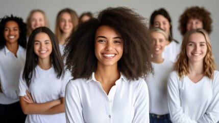 Obraz premium A cheerful group of young women stands closely together, all dressed in white, showcasing their diverse backgrounds and vibrant personalities while smiling warmly, set against a simple backdrop