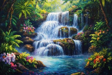 Fototapeta premium Tropical waterfall surrounded by lush vegetation and colorful flowers in a vibrant jungle, Ai Generation