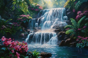 Obraz premium Tropical waterfall surrounded by lush vegetation and colorful flowers in a vibrant jungle, Ai Generation