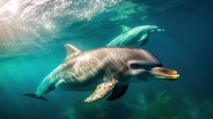 Obraz premium Dolphins swimming gracefully underwater, their sleek bodies gliding through the clear blue ocean. The sunlight filtering through the water enhances the beauty of this aquatic scene.