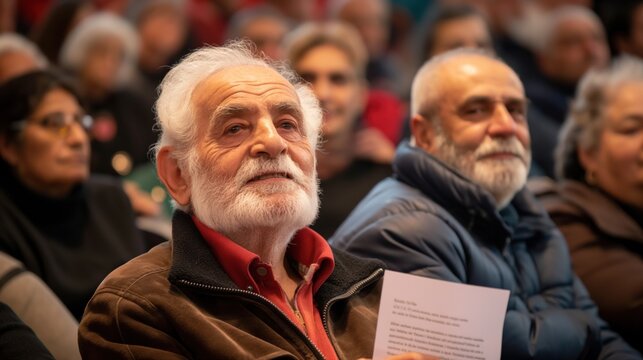A group of elderly individuals enjoys a community gathering, with two men in the foreground, one holding a paper. Their expressions reflect engagement and warmth