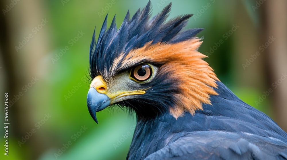 Poster A close up of a bird with an orange and yellow head, AI