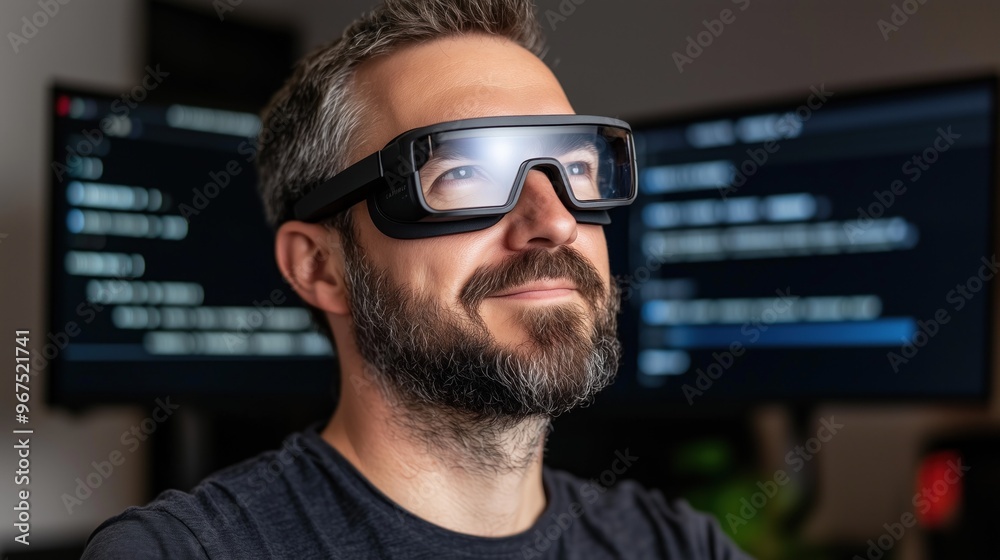 Poster a man with a beard is wearing smart glasses and appears engaged while looking at dual computer scree