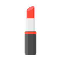 Women's red lipstick in a black case in cartoon style on a white background. Lip cosmetics.