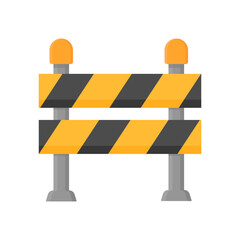 Road fence in black and yellow color in cartoon style on a white isolated background. Road barriers with signal beacons