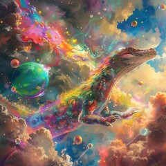 Colorful abstract painting of a crocodile flying through a surreal dreamscape with vibrant colors and a sense of wonder.