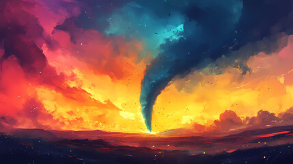 Fototapeta premium A beautiful landscape of a tornado in the distance with a colorful sky. Tornado. Illustration
