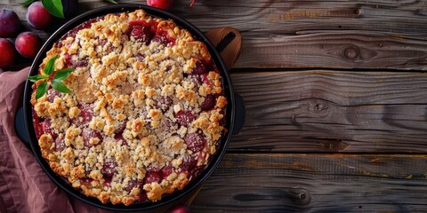 Top view of traditional German plum crumble cake Zwetschgenkuchen with yeast dough and ample space for text