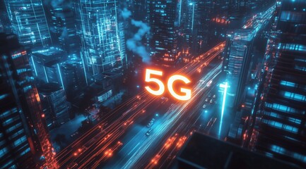 Obraz premium 5G digital technology, modern cityscape with glowing 