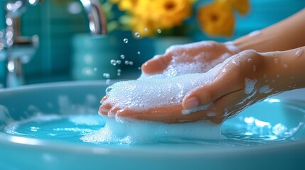Fototapeta premium Close-up of hands washing with soap in a blue sink, bathroom interior.