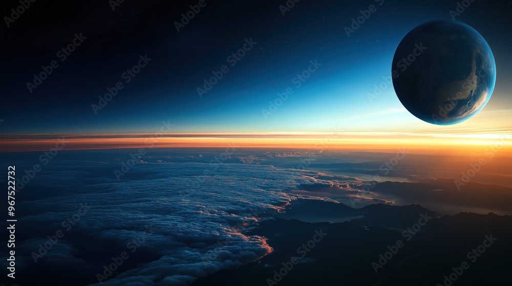 Sticker this stunning view captures the earth from space at dawn, showing a distant planet and a colorful su
