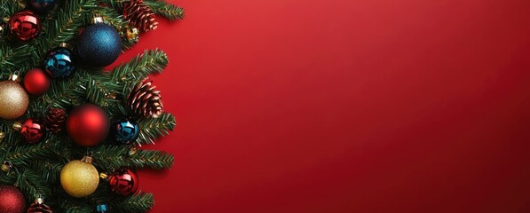 Red Christmas Background with Ornaments and Pine Branches