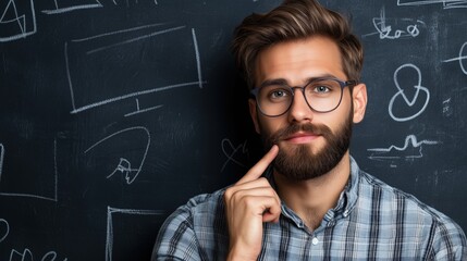 A young man with glasses and a beard thoughtfully poses in front of a chalkboard filled with sketches and notes, engaging in creative brainstorming