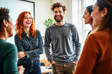 Diverse group of young professionals share joyful moment in bright office
