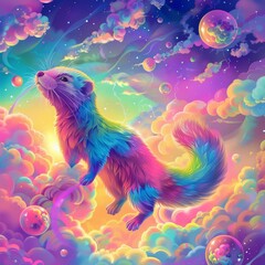Obraz premium Cute ferret floating in the surreal sky with vibrant colors and soft clouds.
