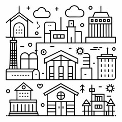 Set of outline icons related to building, architecture, house, design. Linear icon collection. Editable stroke.