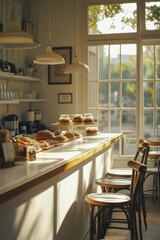 Display of pastries on counter. Lighting from windows suggests daytime.