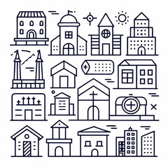 Set of outline icons related to building, architecture, house, design. Linear icon collection. Editable stroke.