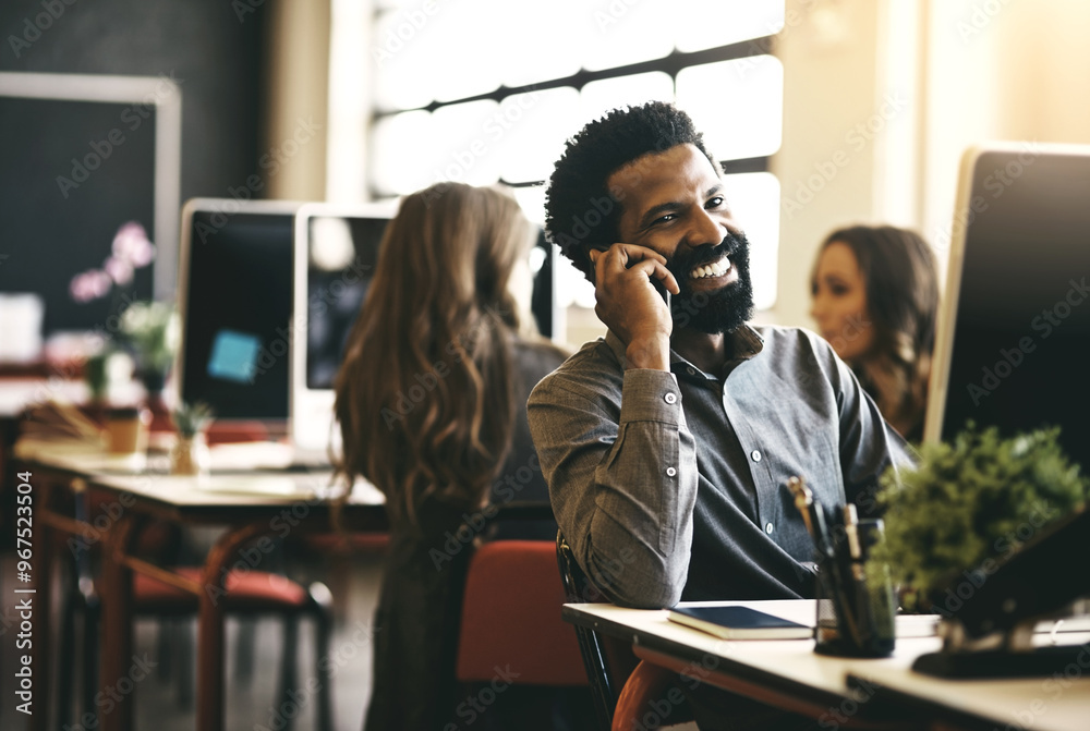 Wall mural Phone call, business and black man in office, smile and connection with network, talking and conversation. Person, employee and consultant with cellphone, mobile user and communication with chatting