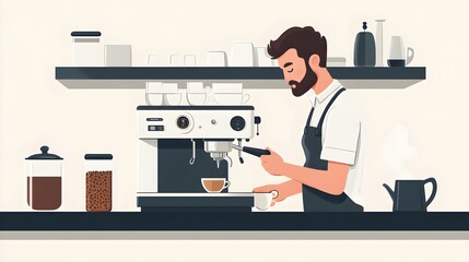 Barista Prepares Espresso with Coffee Machine in Flat Design