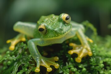 Obraz premium Close-up of a green and yellow frog with vivid yellow eyes, resting on mossy ground. The image highlights the natural beauty and diversity of amphibian life.