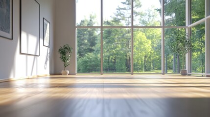 Spacious living room, modern design, wood floors, sunlight streaming in
