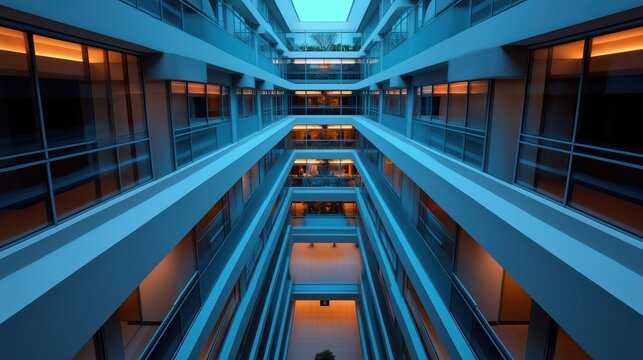 The multi-level atrium of an urban building features sleek architectural lines and is illuminated with warm lighting, creating a striking contrast against the twilight sky