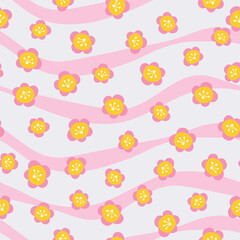 Abstract small flowers on pink stripes background seamless pattern