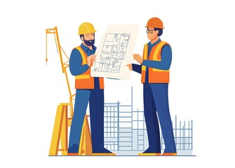 Two construction workers in hard hats and safety vests reviewing blueprints at a construction site.