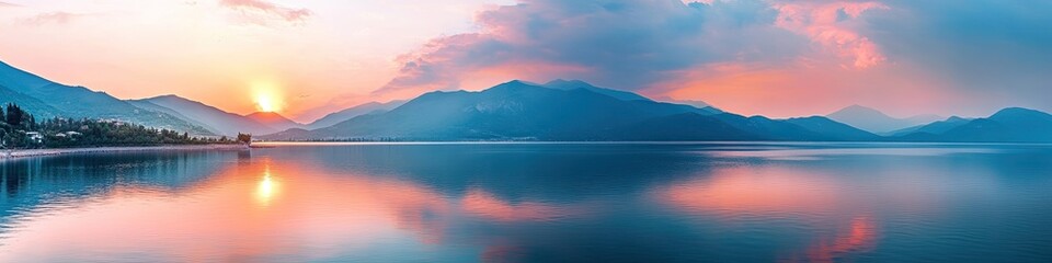 Fototapeta premium Serene Sunset Over Mountain Lake - Breathtaking Landscape Photography