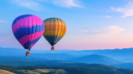 Two vibrant hot air balloons gently float above green hills as the sun rises, illuminating the landscape with warm hues of orange and pink in the sky