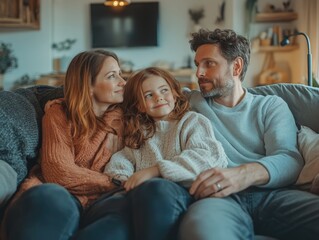 Obraz premium Family time on the sofa with a girl between parents.