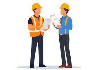 Two construction workers in hard hats and vests are discussing plans while holding clipboards.