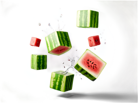 Falling_watermelon_cubes_isolated_on_white_background,_selective_focus