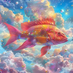 Obraz premium Surreal painting of a red fish with pink fins swimming in a vibrant sky.
