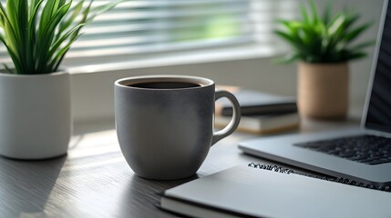 Organized Modern Office Workspace with Laptop Notebooks and Coffee Cup