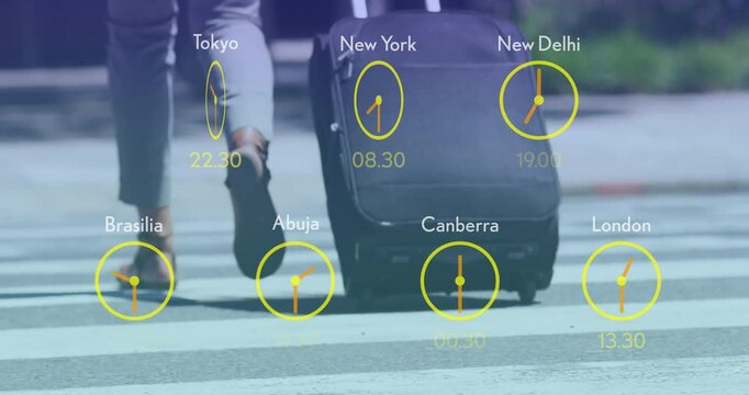 Animation of clocks with time in time zones over man walking with suitcase