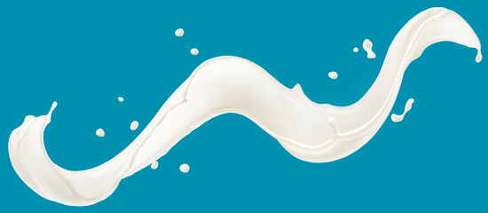 Flying milk splash isolated on blue background