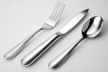 A clean and polished stainless steel cutlery set featuring a fork, knife, and spoon