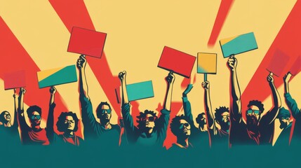 Silhouettes of People Holding Signs and Raising Fists in Protest