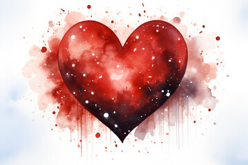 Watercolor heart shape in red on white paper background.